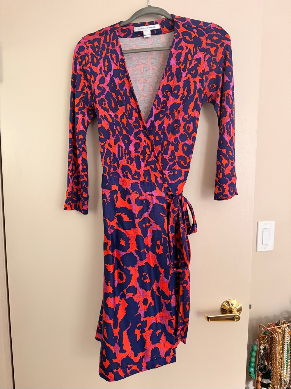 Diane Von Furstenberg Navy, Red and Pink Leopard-Print Wrap Midi Dress